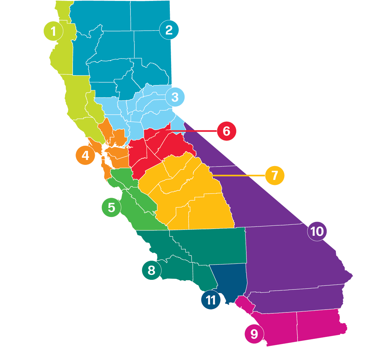 Map of California with color-coded California County Superintendents regions